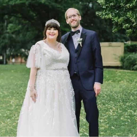 Plus size vintage wedding dress flutter sleeve and open back blush under layer - Picture 10 of 15